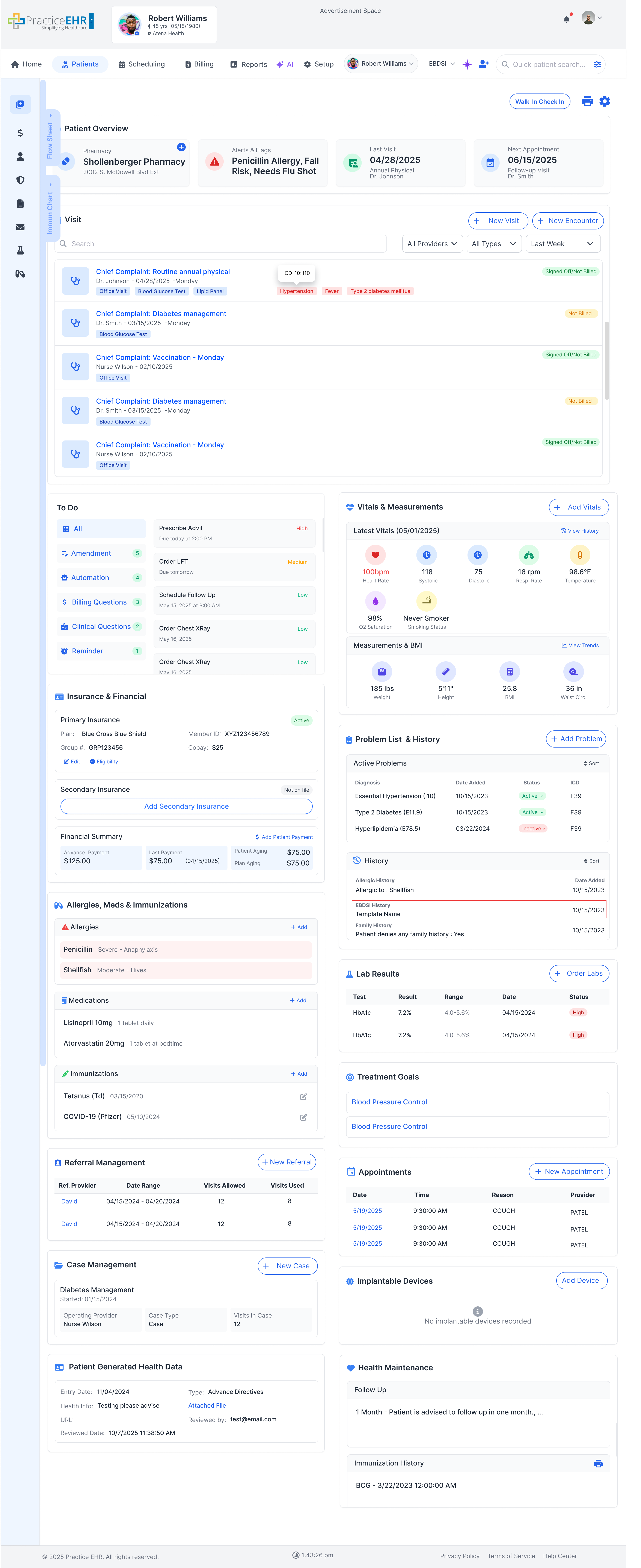 Patient chart showing EBDSI history entry